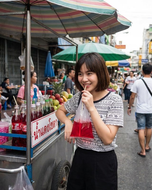 Sipping a soda from a plastic bag at a Bangkok street cart