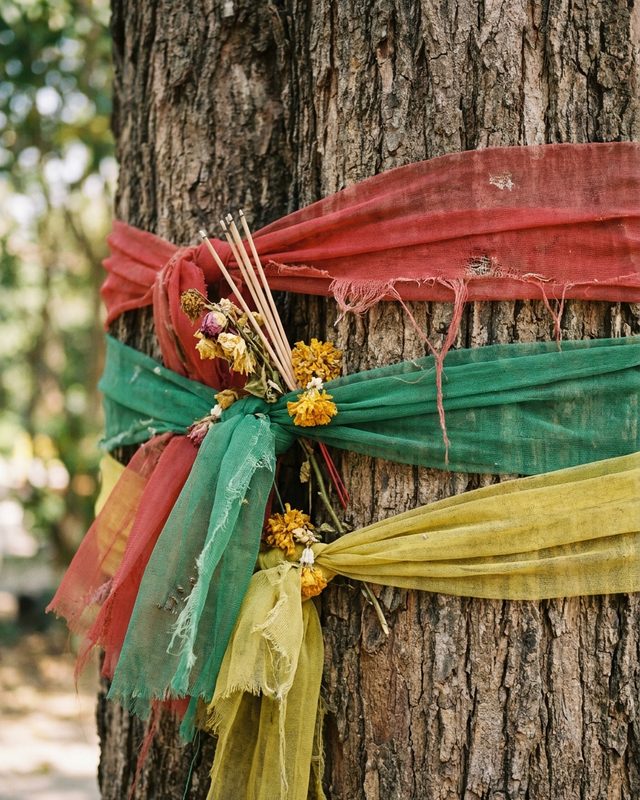 Three-coloured cloth tied around a tree in a Bangkok soi